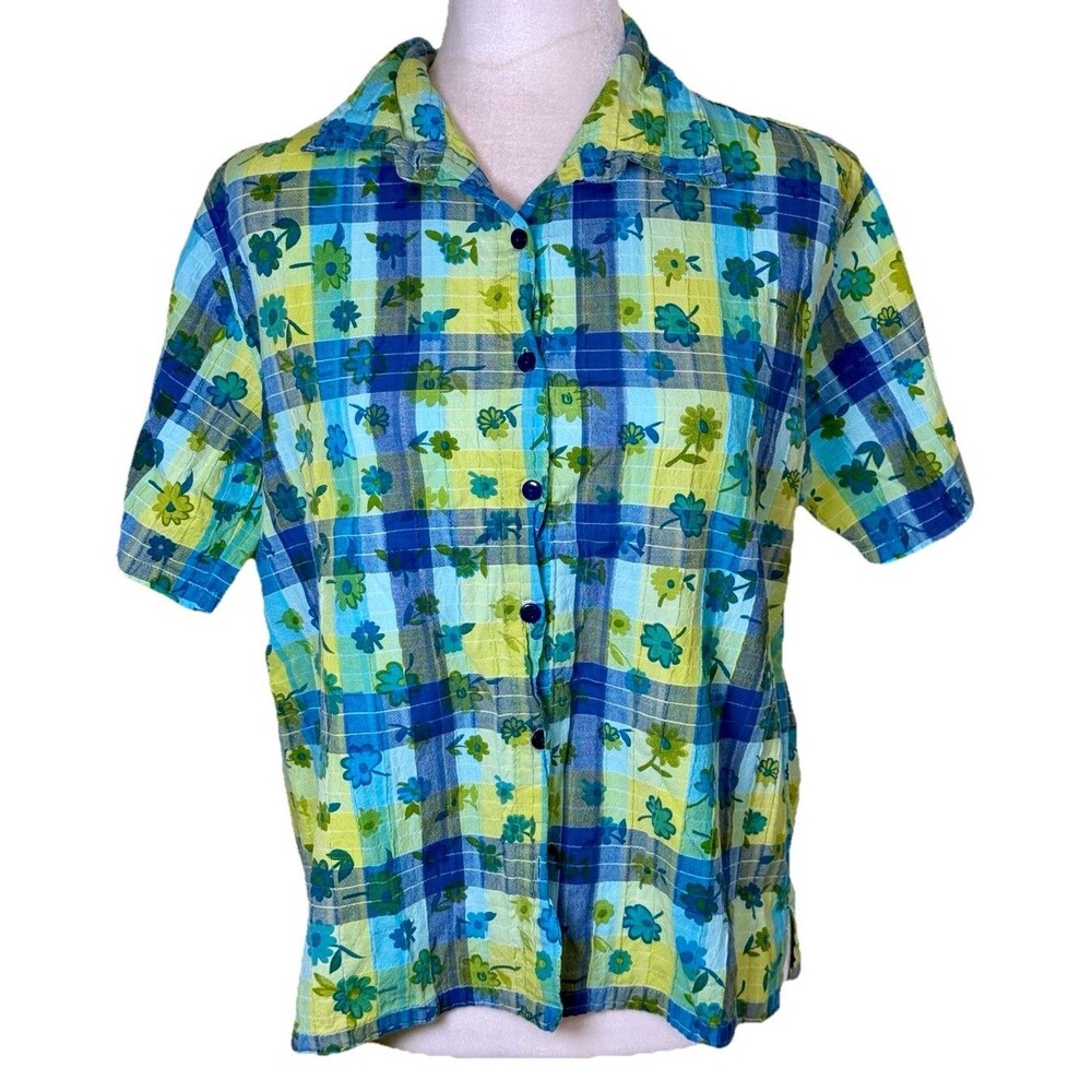 Women Cottagecore Floral Plaid Short Sleeve Blouse Picniccore Casual Size Large